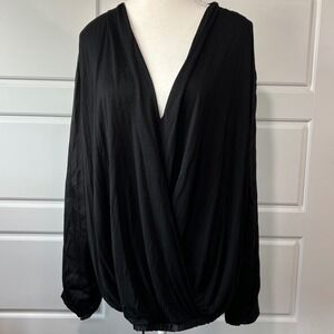 Anthropologie Surplice Deep V Neck Long Sleeve Black‎ Blouse Elegant Size Medium